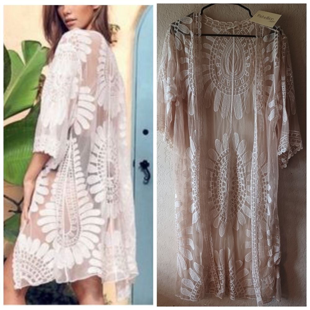 Rebellion Again Nude/beige lace embroidered kimono Bohemian festival M